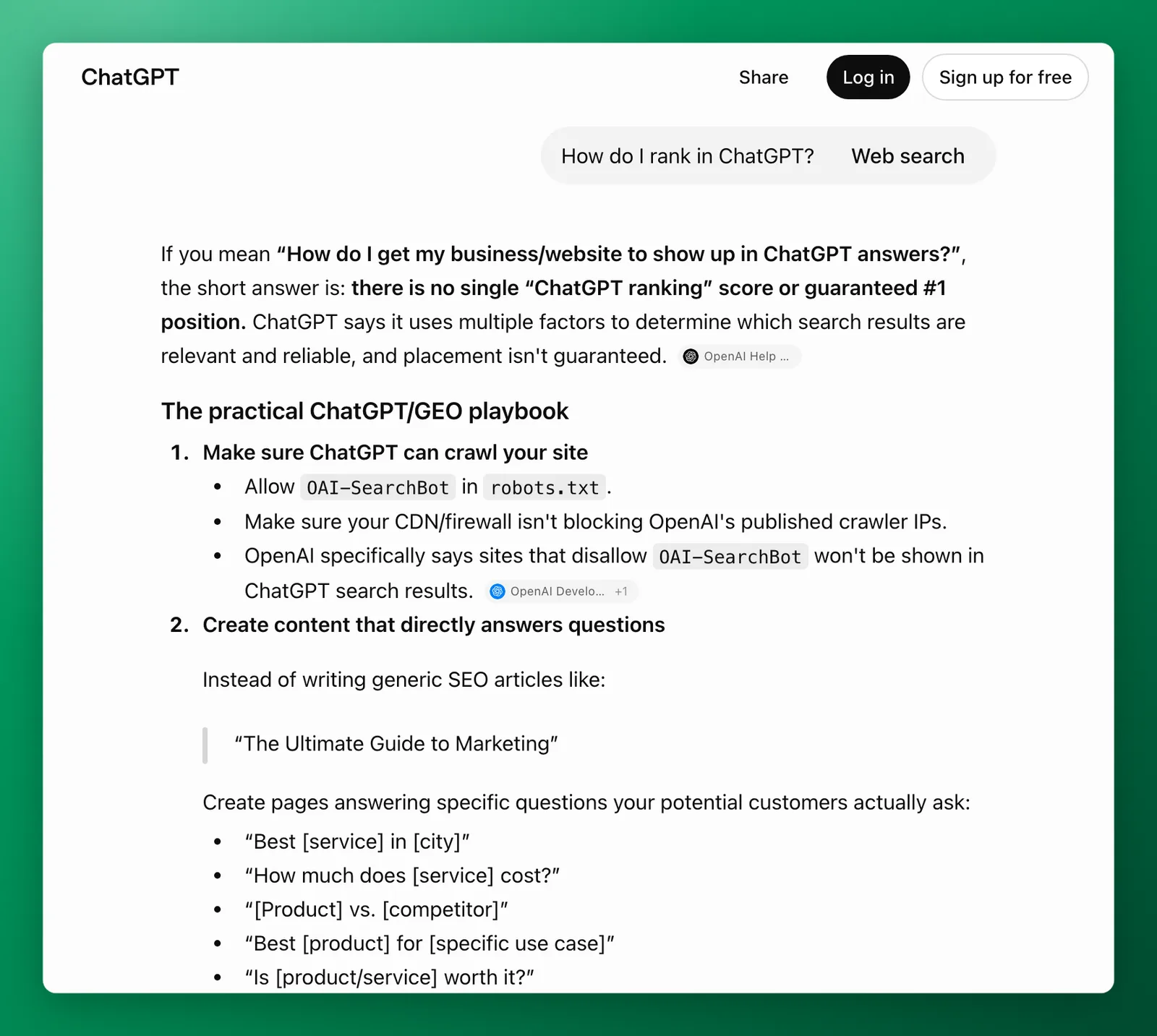 ChatGPT answering "How do I rank in ChatGPT?" and citing OpenAI's help center and developer docs